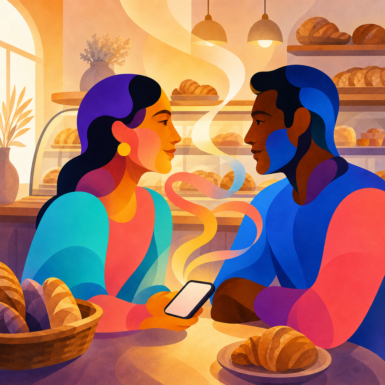 Illustration of two people talking in a bakery with Blurt between them