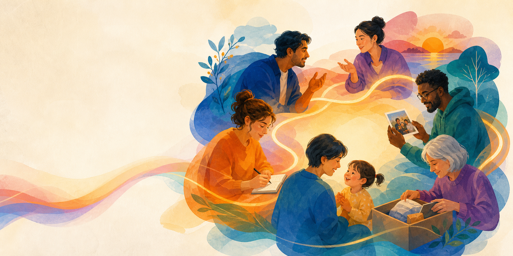 People talking, writing, sorting family memories, and watching a sunset, joined by a painted ribbon of light