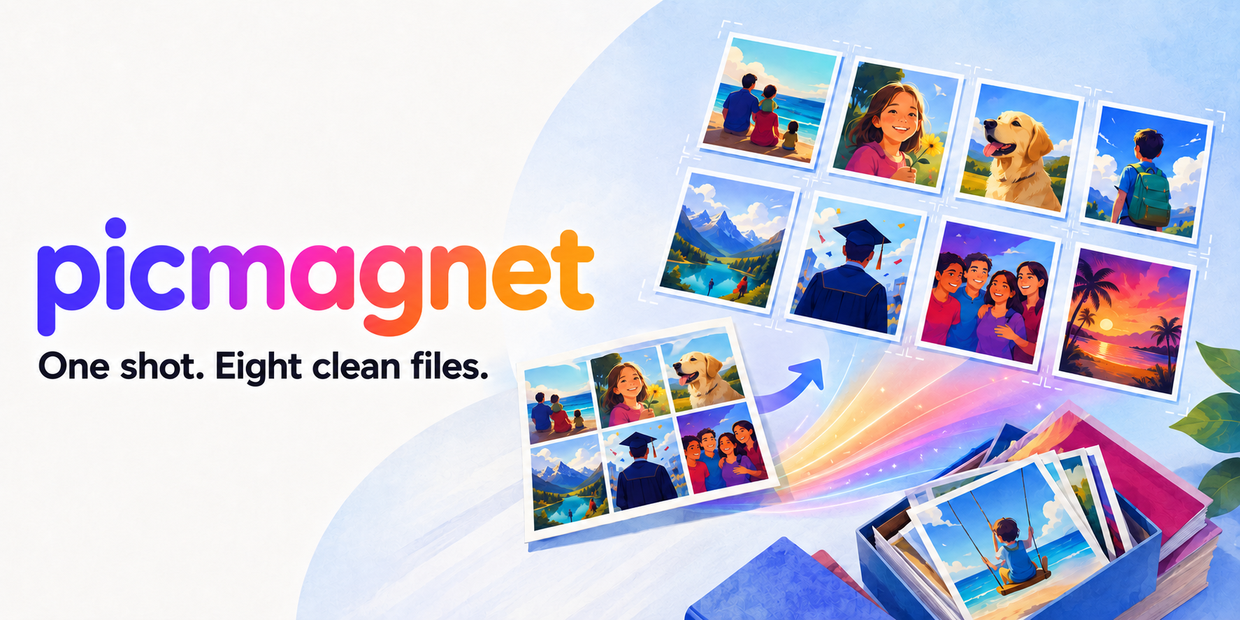 Printed family photos turning into clean, organized files on a Mac with Pic Magnet