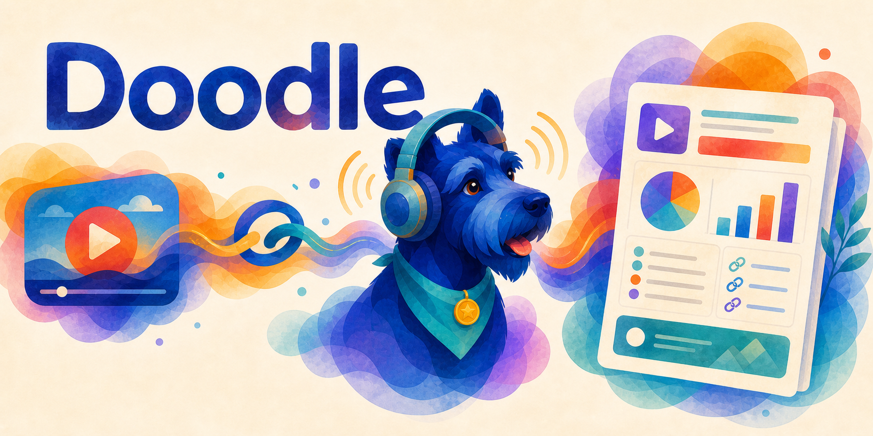 Doodle’s painted Scotty dog beside a video and neatly arranged notes